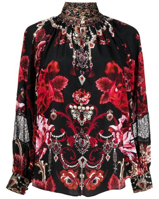 Camilla floral-print buttoned high-neck blouse