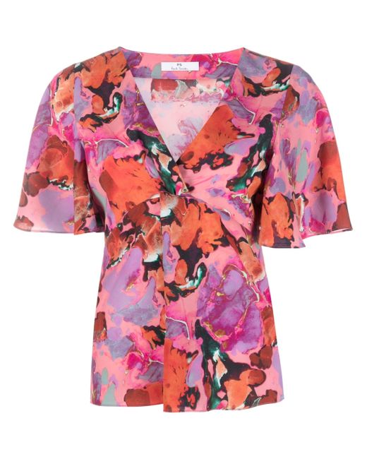PS Paul Smith gathered-detail abstract-print blouse
