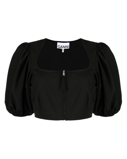 Ganni cropped puff-sleeve blouse
