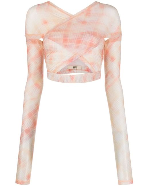 Knwls check-print crossover crop top