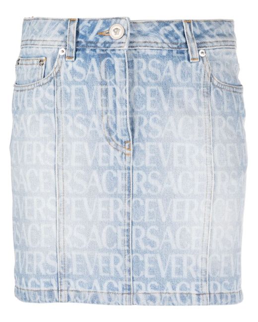 Versace Allover logo-print denim skirt