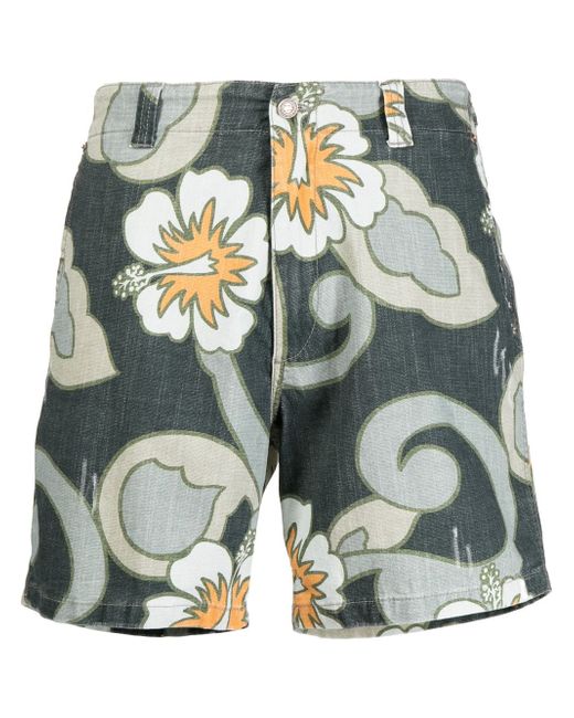 Erl distressed-effect Hibiscus-print bermuda shorts
