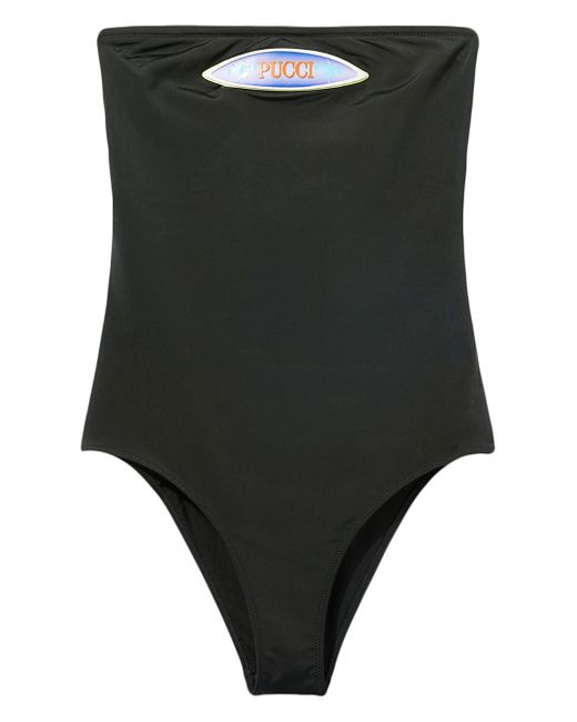 Pucci logo-patch strapless swimsuit