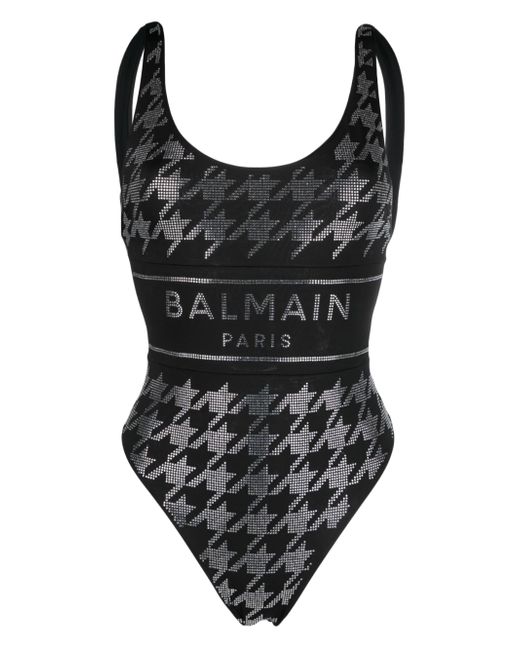 Balmain rhinestone-embellished logo swimsuit
