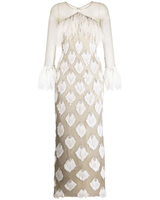 Saiid Kobeisy feather-detailed beaded long dress