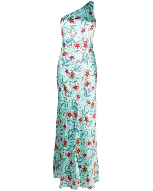 Saloni floral-print one-shoulder gown
