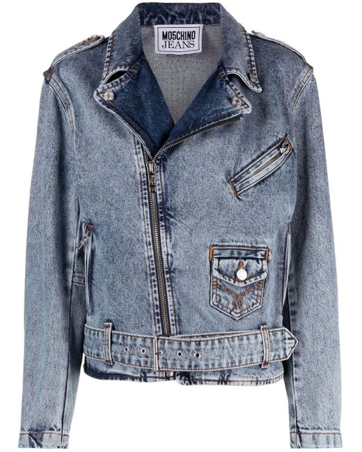 Moschino Jeans crystal-embellished denim biker jacket
