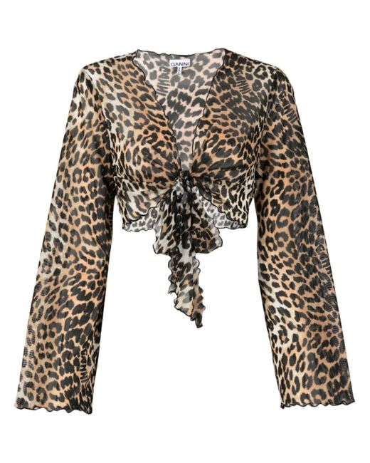 Ganni leopard-print tie-front cropped blouse