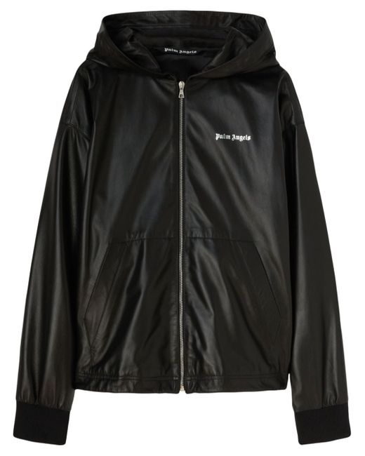 Palm Angels logo-print hooded leather jacket