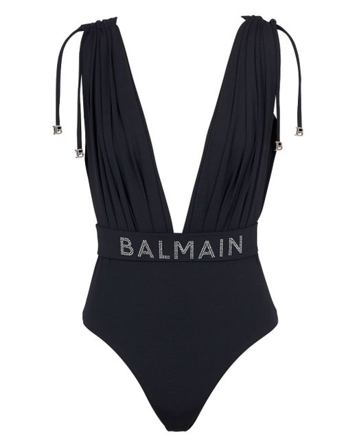 Balmain logo-embellished draped-detailing swimsuit