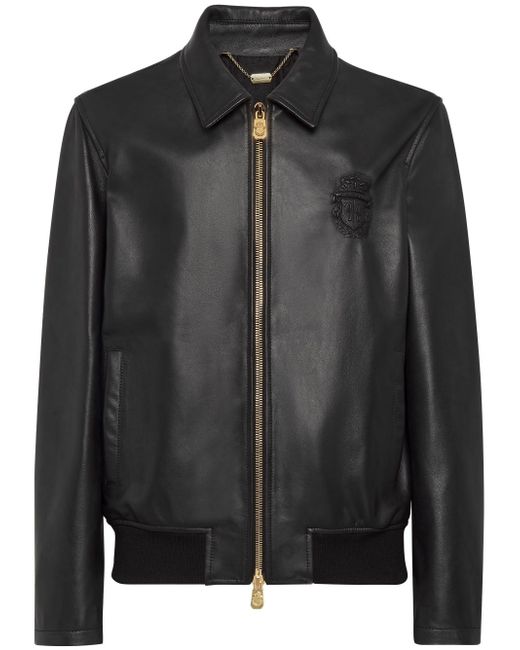 Billionaire crest-embossed leather bomber jacket