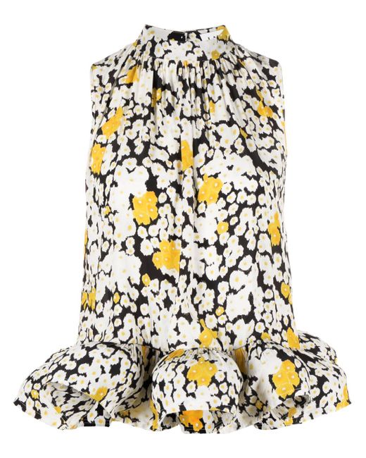 Lanvin floral-print ruffled charmeuse blouse