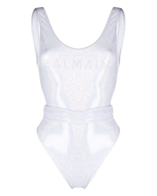 Balmain logo-print glitter swimsuit