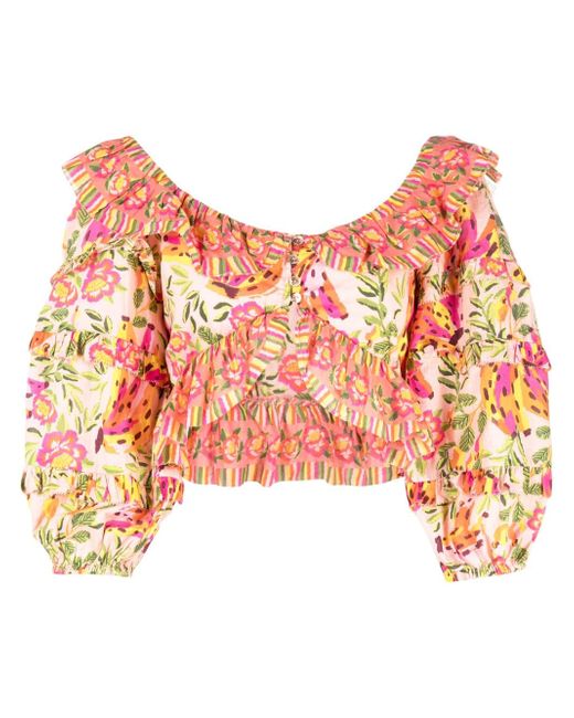 Farm Rio floral-print ruffled blouse