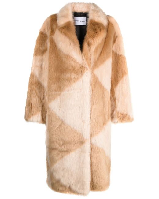 Stand Studio geometric-pattern faux-fur coat