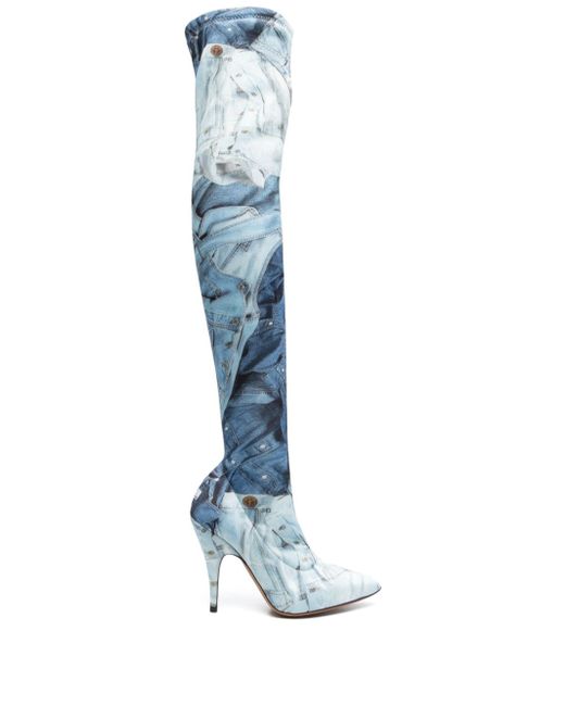 Moschino Jeans Denim-print 100mm leather boots