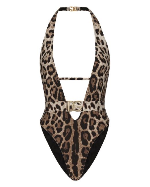 Dolce & Gabbana leopard-print logo-lettering swimsuit