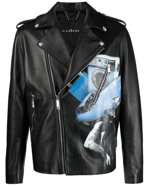 John Richmond graphic-print leather biker jacket