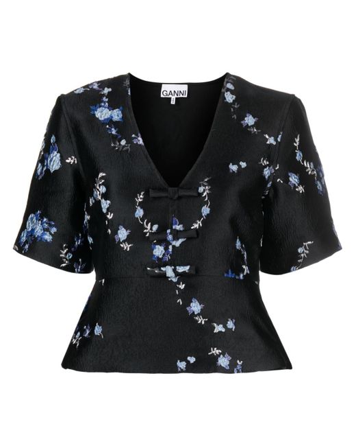 Ganni floral-jacquard V-neck blouse