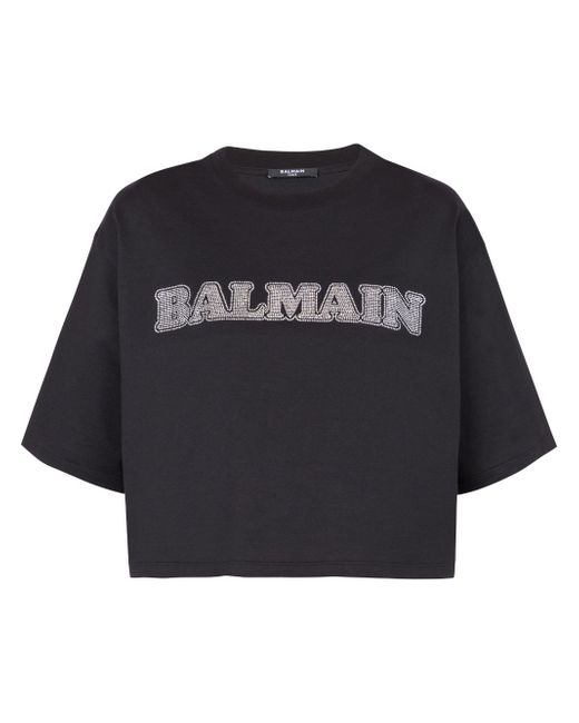 Balmain rhinestone-logo cropped T-shirt