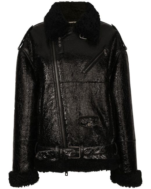 Dolce & Gabbana frilled-collar pebbled leather jacket