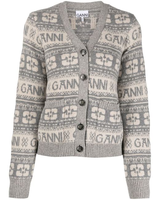 Ganni logo intarsia-knit V-neck cardigan
