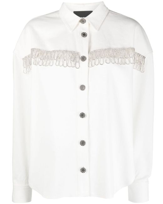Rotate crystal-embellished fringed cotton shirt