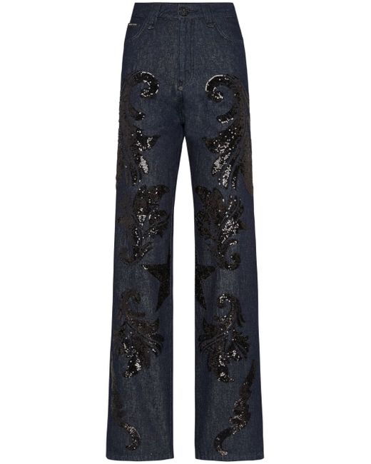 Philipp Plein sequin-embellished high-rise wide-leg jeans