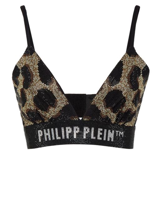 Philipp Plein crystal-embellished leopard-print bra