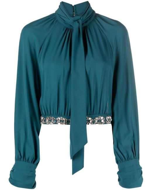 Elisabetta Franchi gathered tie-neck rhinestone-embellished blouse