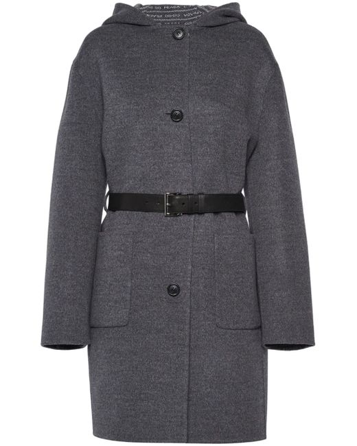 Prada belted hooded wool coat