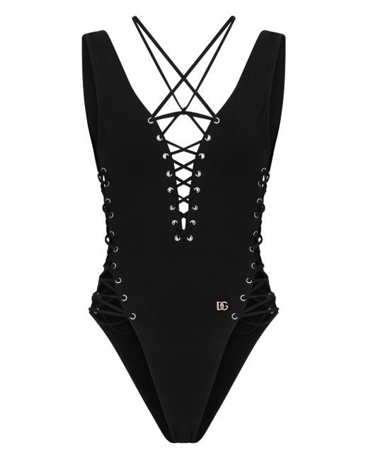 Dolce & Gabbana logo-lettering tie-fastening swimsuit