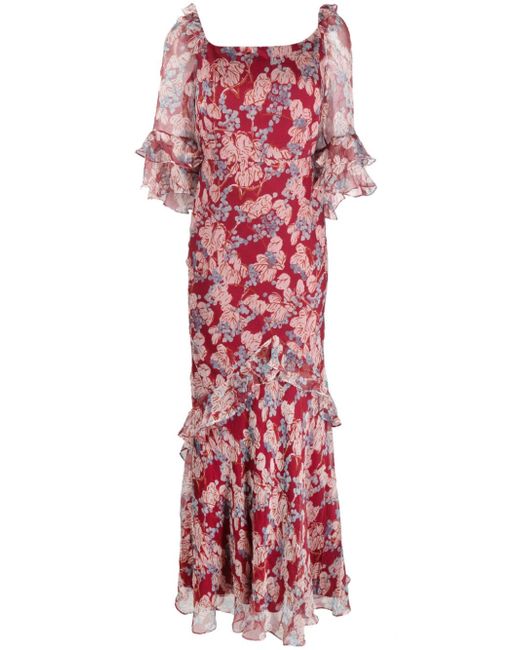 Saloni floral-print silk long dress