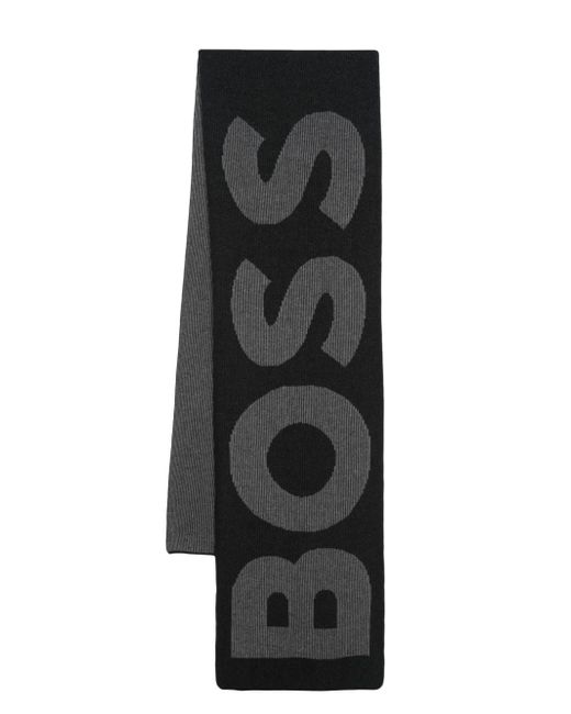 Boss logo intarsia-knit scarf