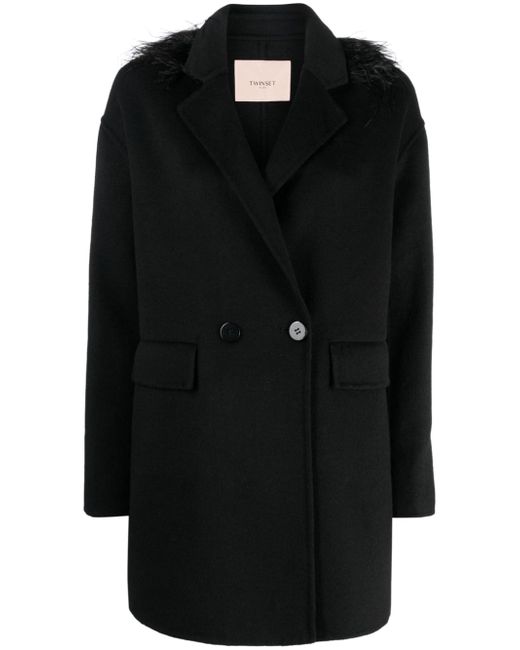 Twin-Set feather-trim double-breasted coat