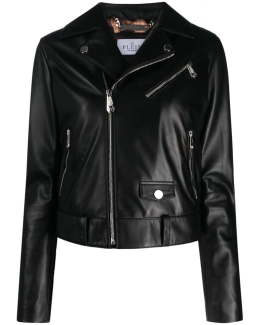 Philipp Plein crystal-embellished leather biker jacket