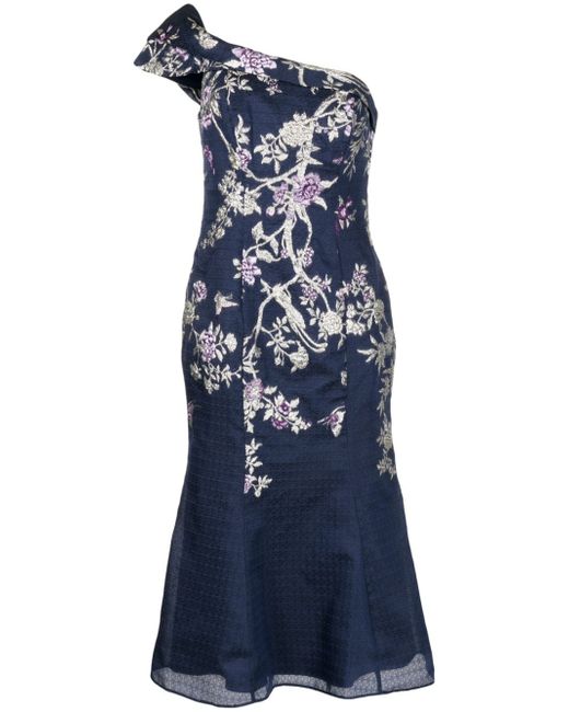 Marchesa Notte one-shoulder floral-jacquard midi dress