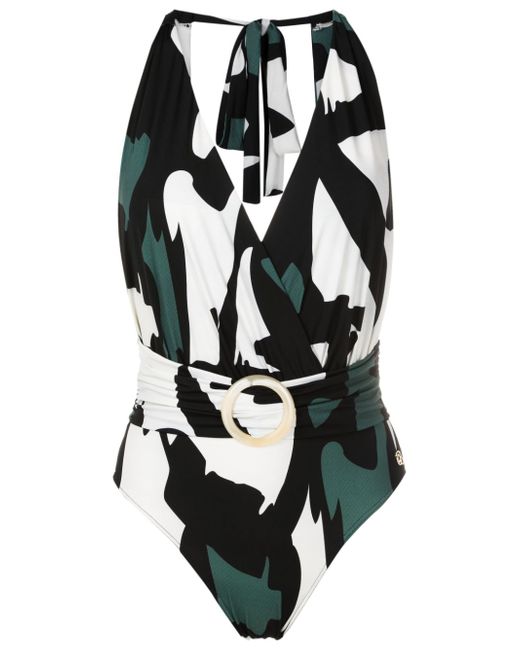 Brigitte abstract-pattern halterneck-tie swimsuit