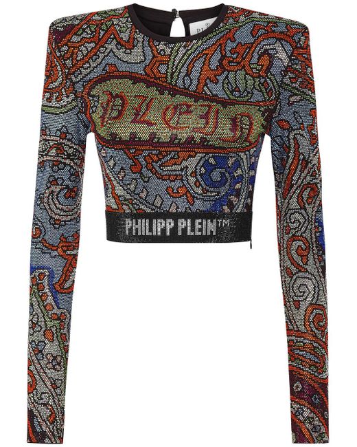 Philipp Plein paisley rhinestone-embellished crop top