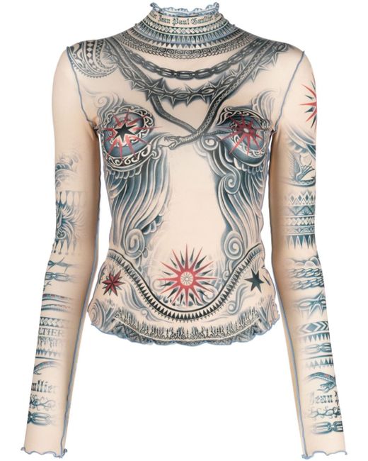 Jean Paul Gaultier tattoo-print mesh top
