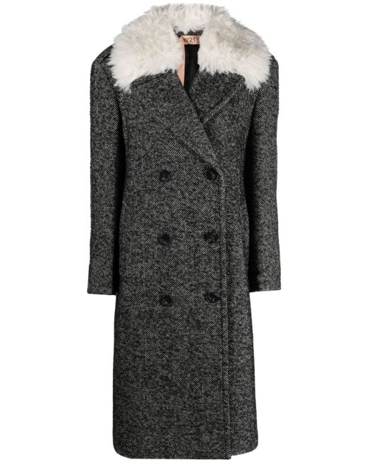 N.21 herringbone faux-fur collar midi coat