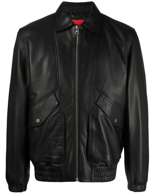 Hugo Boss logo-embossed leather bomber jacket