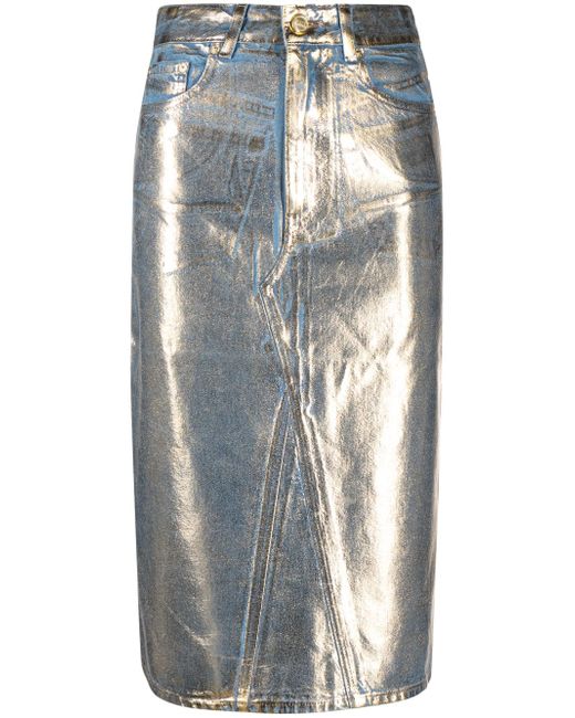Ganni metallic-finish denim midi skirt