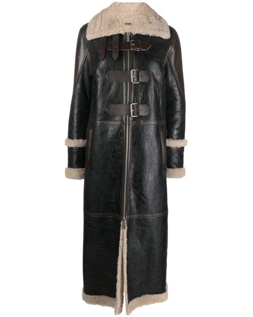 Blumarine shearling-trim leather long coat