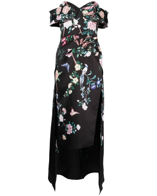 Marchesa Notte Paradise floral-print off-shoulder dress