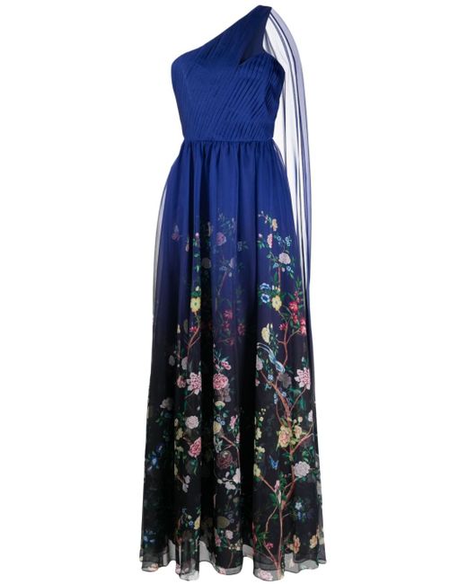 Marchesa Notte floral-print one-shoulder gown
