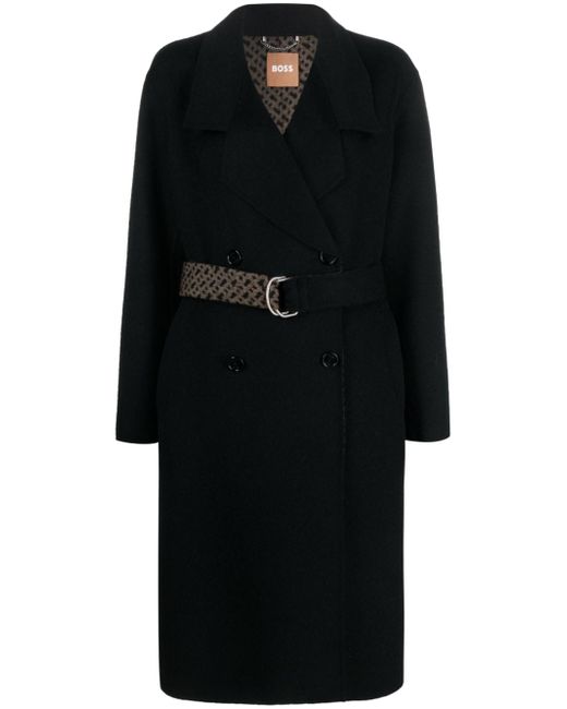 Boss monogram-jacquard belt wool-blend coat