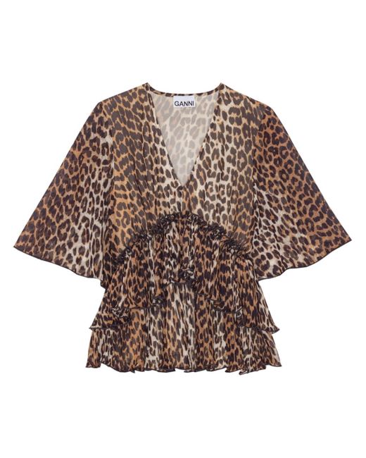 Ganni leopard-print V-neck pleated blouse