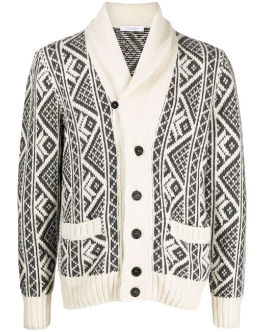 Cruciani shawl-collar patterned intarsia-knit cardigan