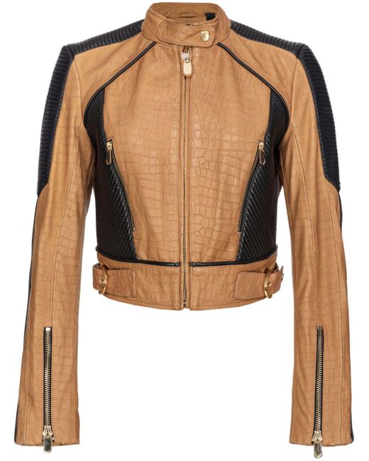 Pinko croc-effect cropped leather jacket